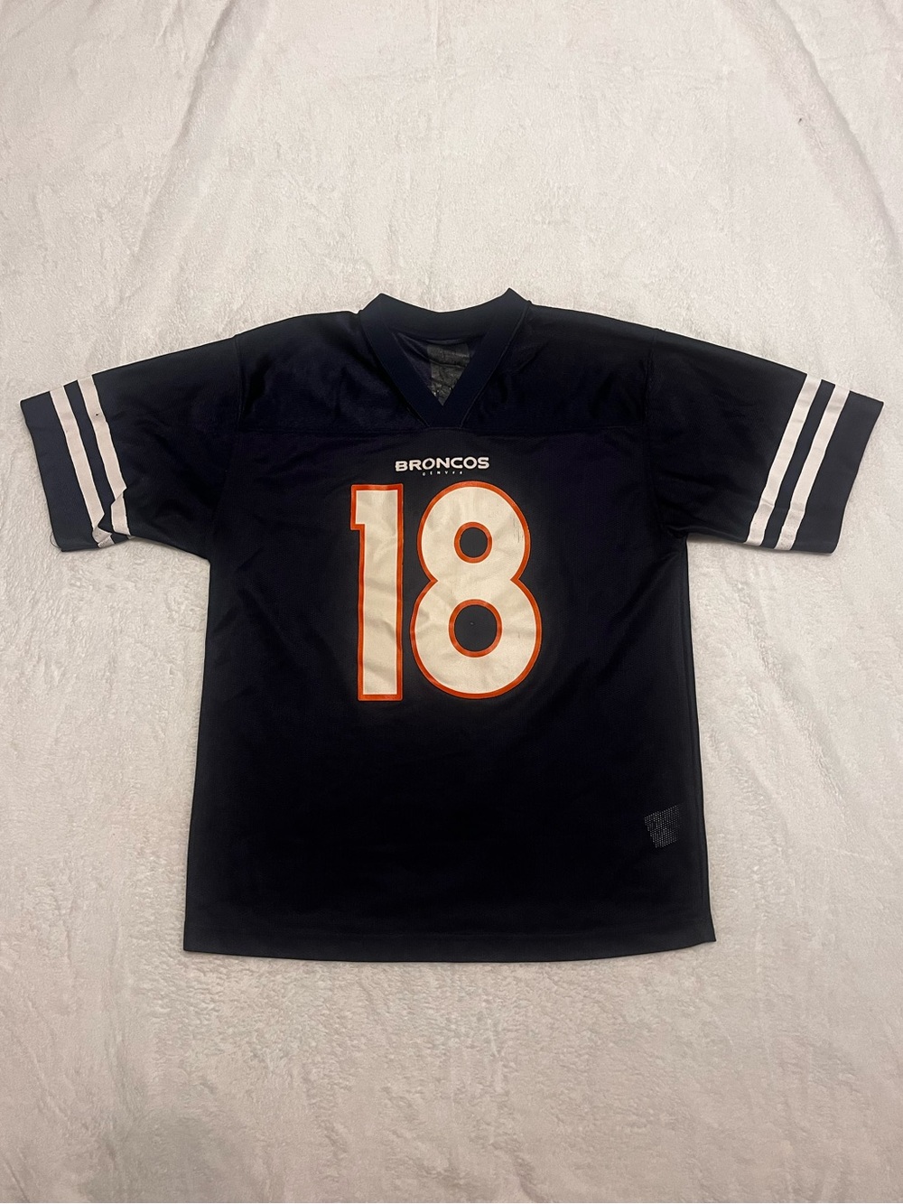 NFL Broncos #18 Men’s Jersey - Black, White, Orange Trim